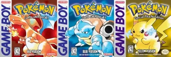 Pokémon Red, Blue and Yellow Cover art side by side.